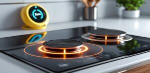 Electric stove in a modern kitchen with a carbon monoxide detector showing safe levels