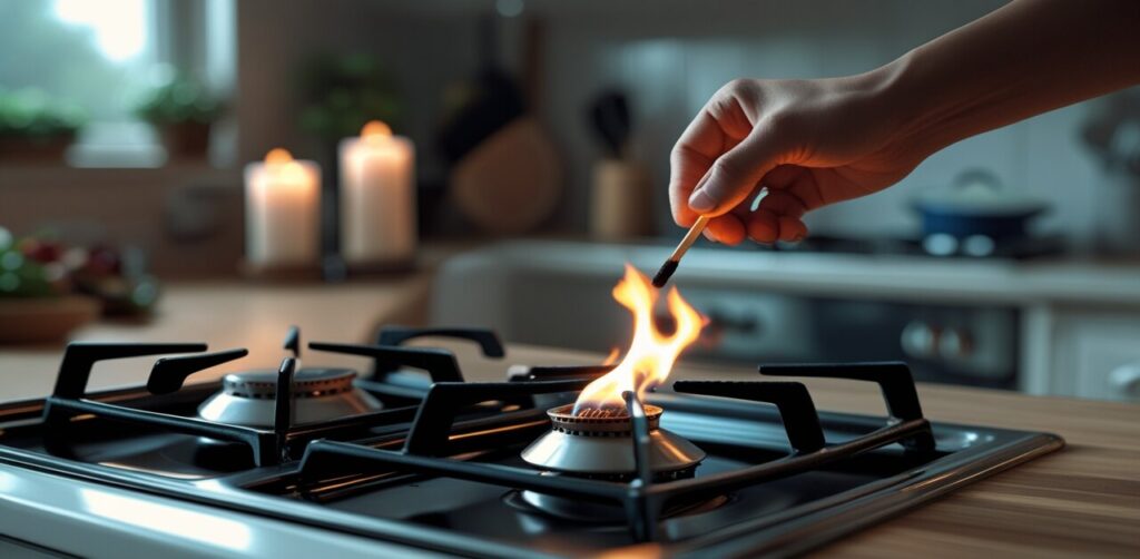 Person lighting a gas stove manually during a power outage in a dimly lit kitchen