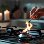 Person lighting a gas stove manually during a power outage in a dimly lit kitchen