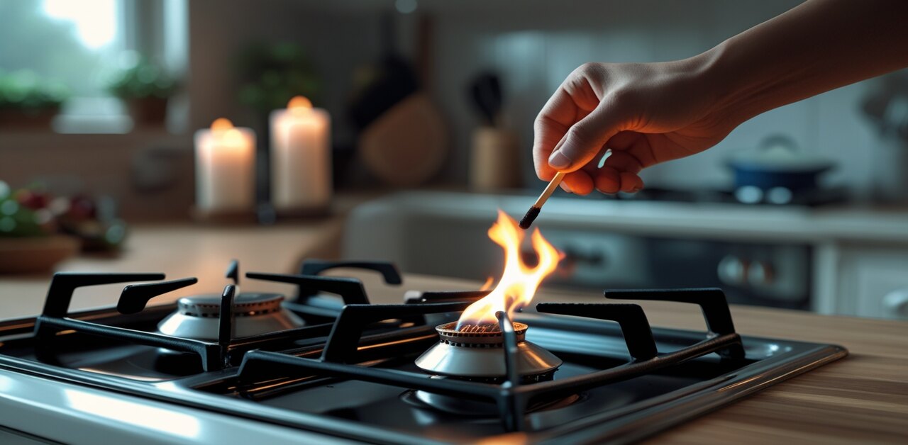 Person lighting a gas stove manually during a power outage in a dimly lit kitchen