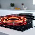 A modern kitchen with an electric stove in use, showing glowing red heating coils or a smooth glass cooktop. Include a digital power meter or overlay showing wattage usage (e.g., 1500–3000W). The setting is clean and bright, emphasizing energy use and efficiency.