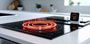 A modern kitchen with an electric stove in use, showing glowing red heating coils or a smooth glass cooktop. Include a digital power meter or overlay showing wattage usage (e.g., 1500–3000W). The setting is clean and bright, emphasizing energy use and efficiency.