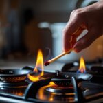 Person manually lighting a gas stove during a power outage in a dimly lit kitchen