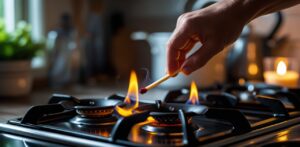 Person manually lighting a gas stove during a power outage in a dimly lit kitchen