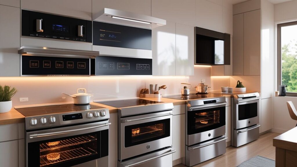 A modern, high-resolution kitchen scene featuring a lineup of 3–4 sleek electric stove ranges from top brands (e.g., GE, Frigidaire, Whirlpool).