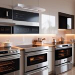 A modern, high-resolution kitchen scene featuring a lineup of 3–4 sleek electric stove ranges from top brands (e.g., GE, Frigidaire, Whirlpool).
