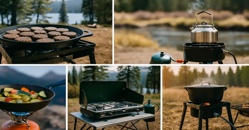Portable outdoor camping stove set up on a wooden picnic table with green forest background, ready for cooking during a camping trip.