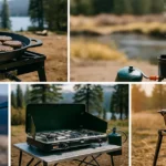 Portable outdoor camping stove set up on a wooden picnic table with green forest background, ready for cooking during a camping trip.
