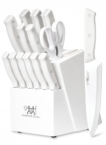 Knife Set, HUNTER.DUAL 15 Piece Kitchen Knife Set with Block and Built-in sharpener, Dishwasher Safe, Anti-slip Handle, White