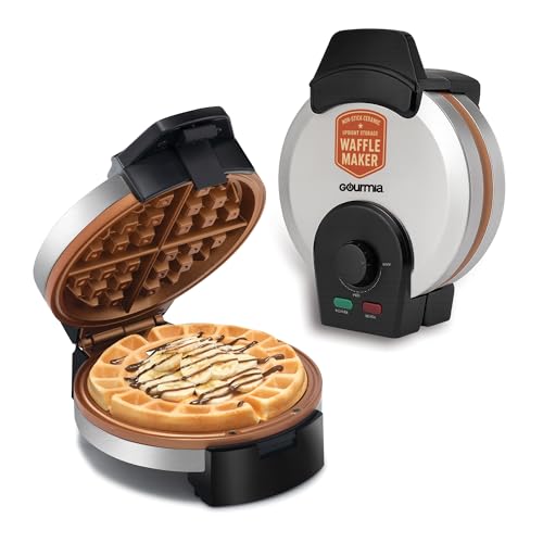 Gourmia Belgian Waffle Maker – Nonstick Waffle Ceramic Coating Plates with Browning Control &Indicator Lights to Make Thick Fluffy Waffles from Light to Dark - Compact, Quick Heat Up, Upright Storage