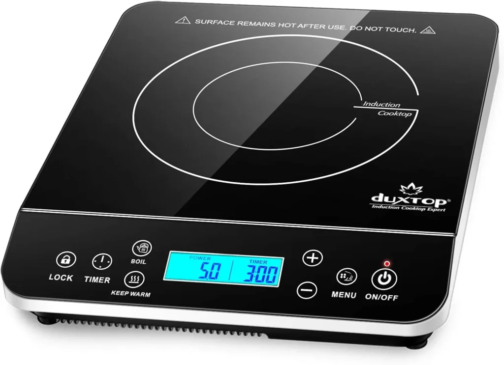 the Duxtop 1800W Induction Cooktop. Lightweight, compact, and powerful, it’s perfect for dorm rooms, RVs, tiny kitchens, or quick meal prep